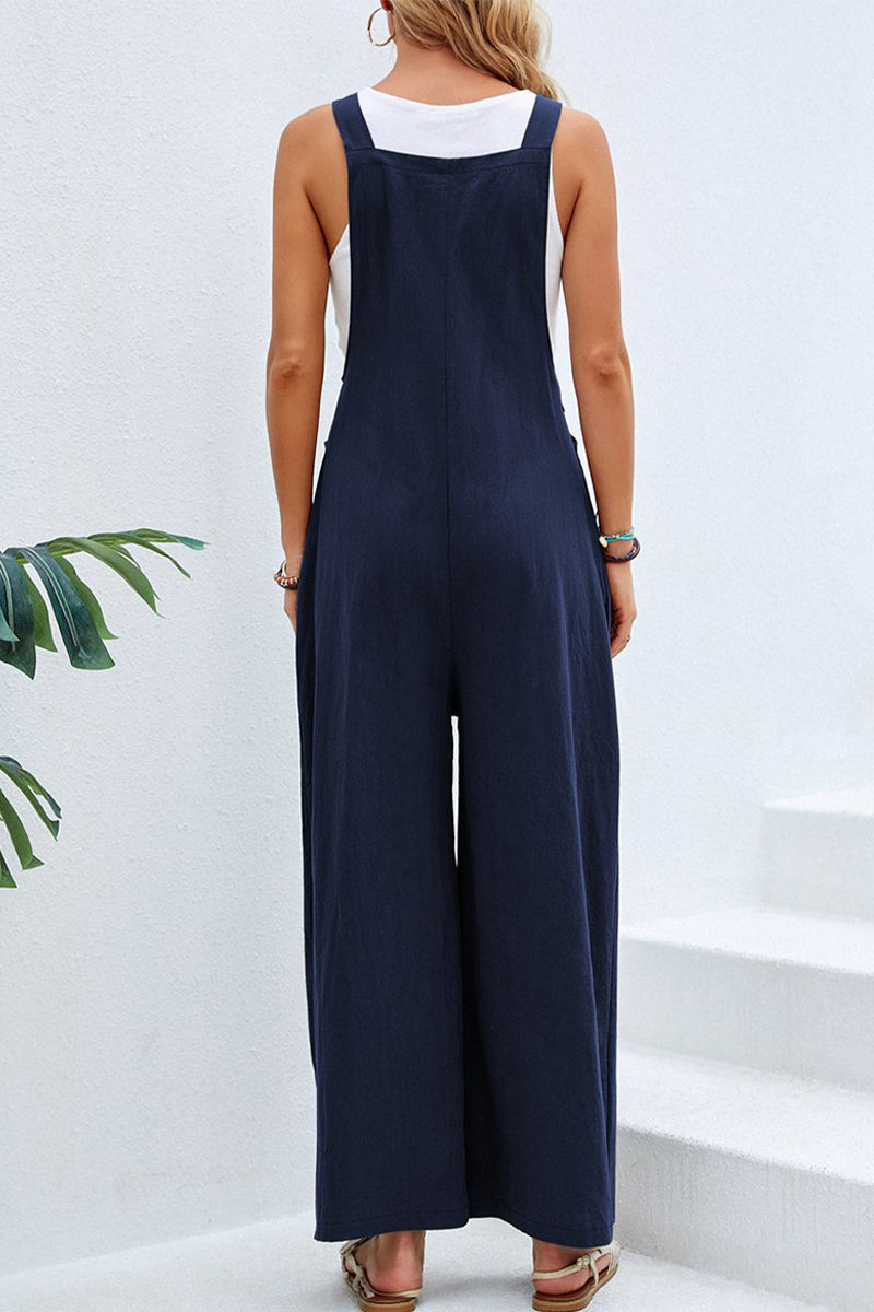 Kaynafashions - Casual Vacation Solid Buttons Square Collar Loose Jumpsuits(10 Colors)