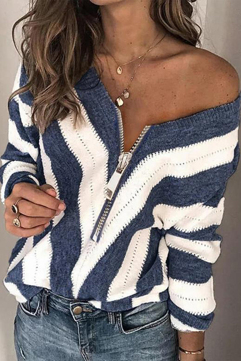 Kaynafashions - Sexy Sweet Striped Patchwork Printing V Neck Sweaters(6 Colors)