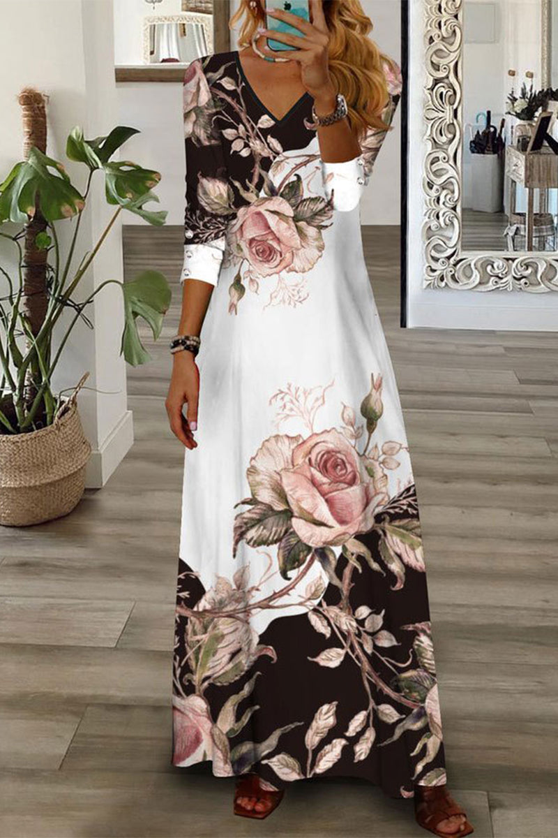 Kaynafashions - Elegant Floral Buttons V Neck A Line Dresses