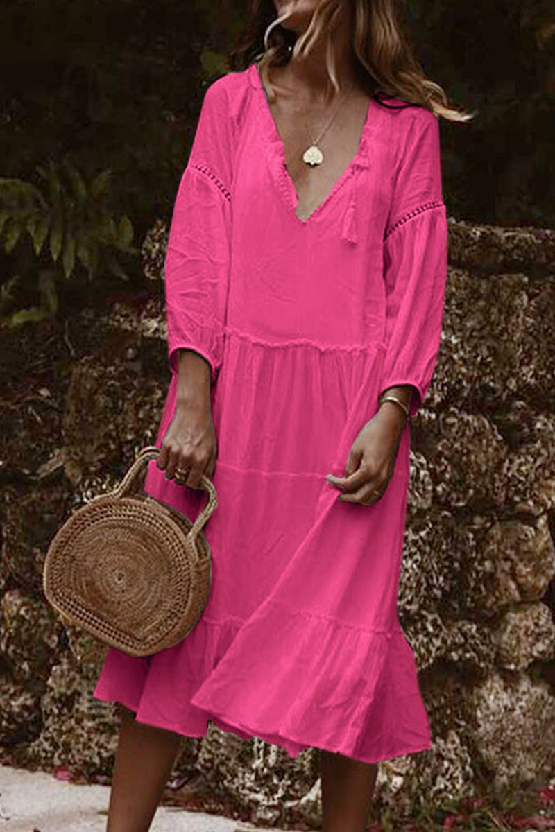 Kaynafashions - Fashion Solid Patchwork V Neck Cake Skirt Dresses