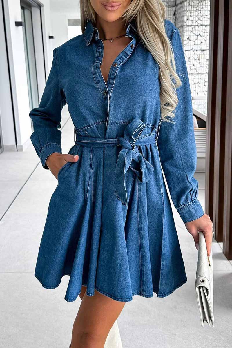 Kaynafashions - Casual Solid Turndown Collar A Line Dresses