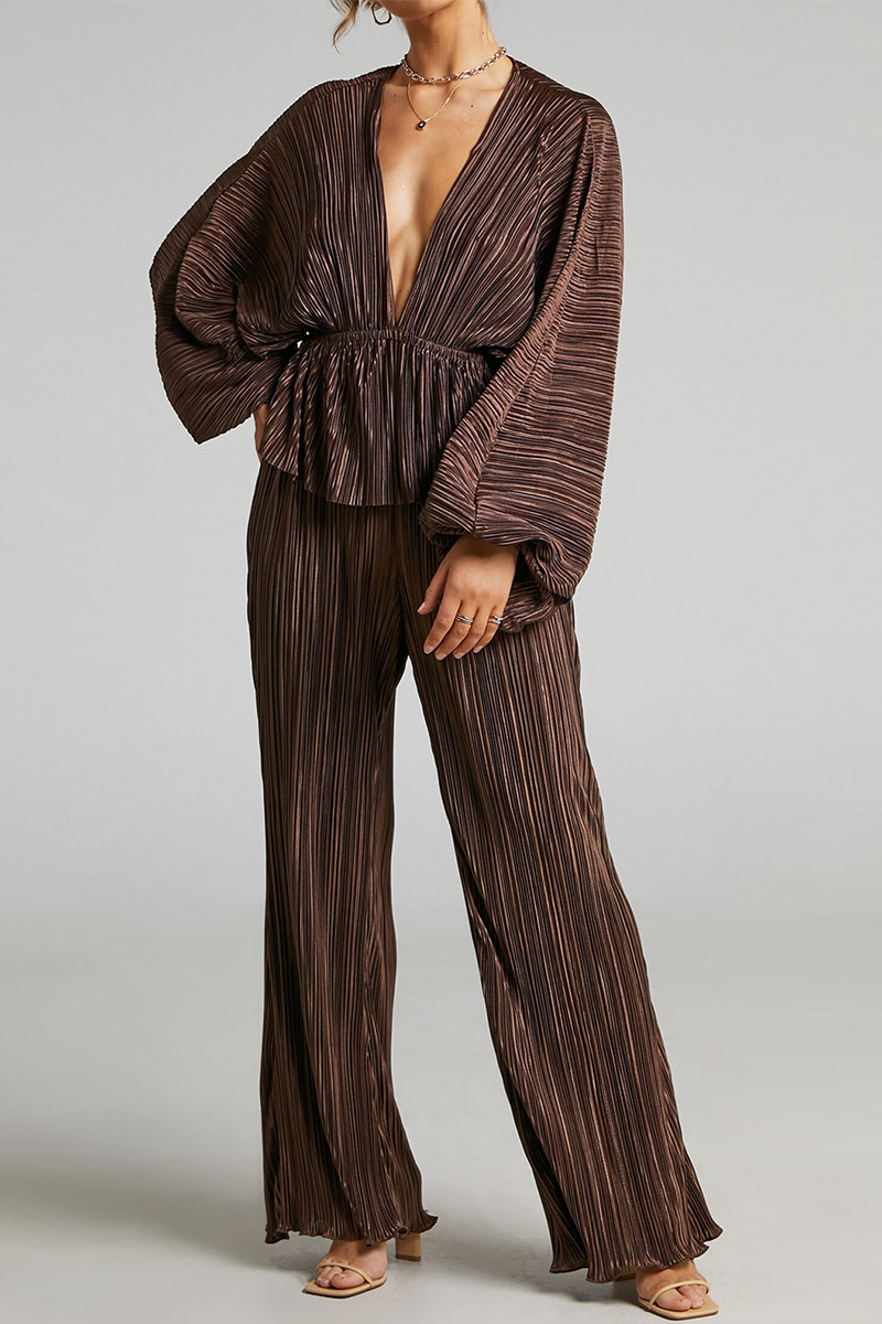 Kaynafashions - Casual Solid Fold V Neck Long Sleeve Two Pieces