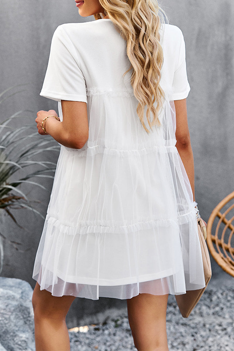Kaynafashions - Sweet Elegant Solid Mesh O Neck Short Sleeve Dress