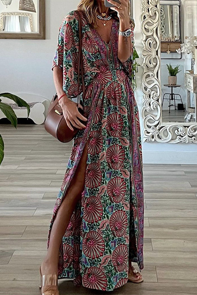 Kaynafashions - College Floral Slit V Neck Printed Dress Dresses