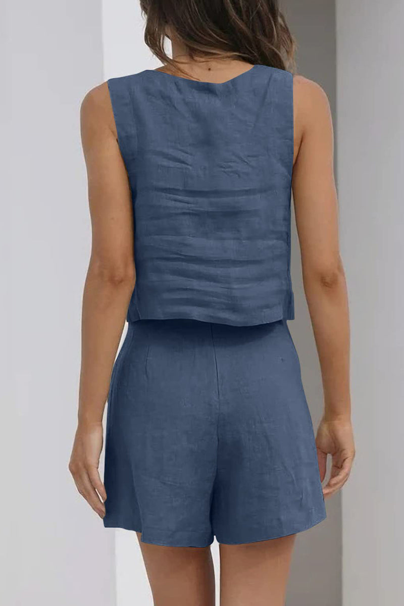 Kaynafashions - Casual Simplicity Solid Pocket Square Collar Sleeveless Two Pieces(16 Colors)