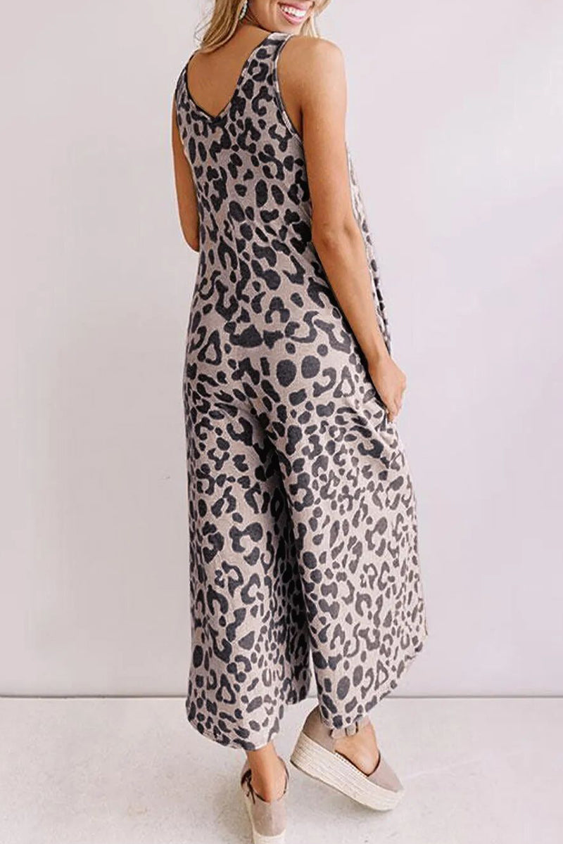 Kaynafashions - Casual College Leopard Pocket Loose Jumpsuits