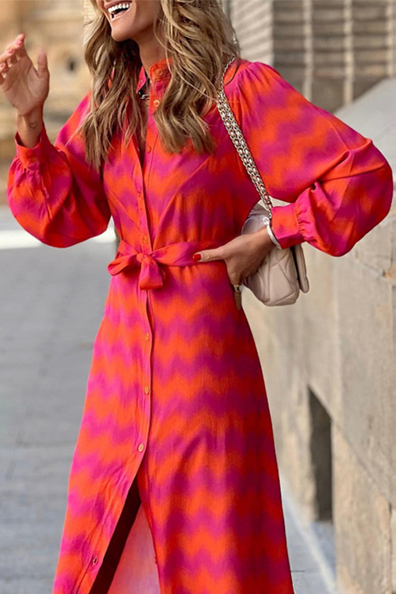 Kaynafashions - Casual Print Patchwork Turndown Collar Long Dress Dresses