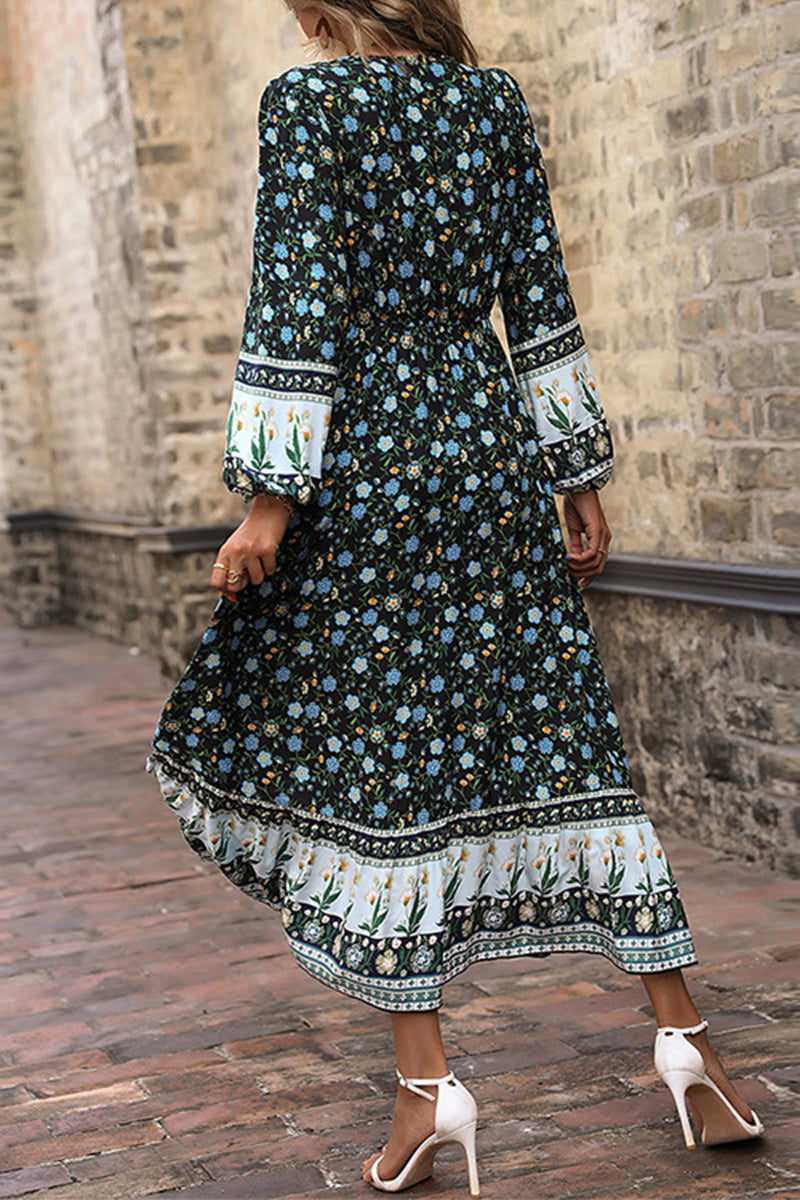 Kaynafashions - Fashion Print Frenulum V Neck A Line Dresses