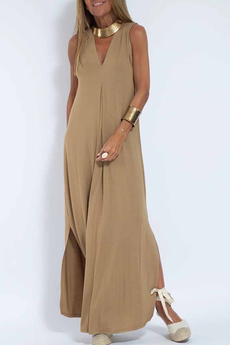 Kaynafashions - Street Solid Patchwork V Neck Vest Dress Dresses(4 Colors)