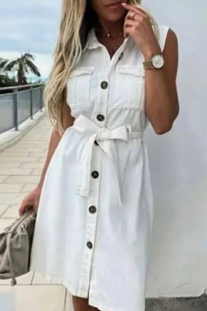 Kaynafashions - Celebrities Elegant Solid Patchwork Buckle Turndown Collar Sleeveless Dress Dresses