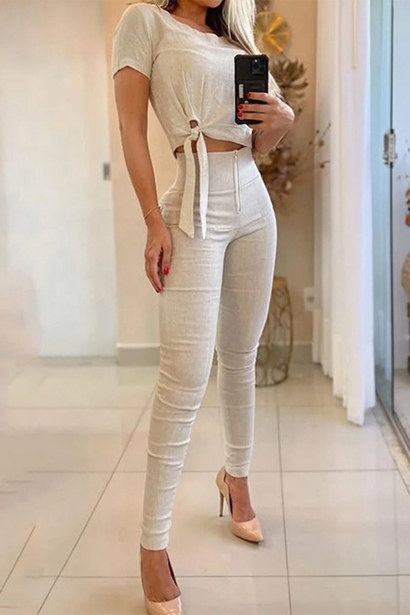 Kaynafashions - Casual Daily Solid Frenulum Zipper O Neck Short Sleeve Two Pieces