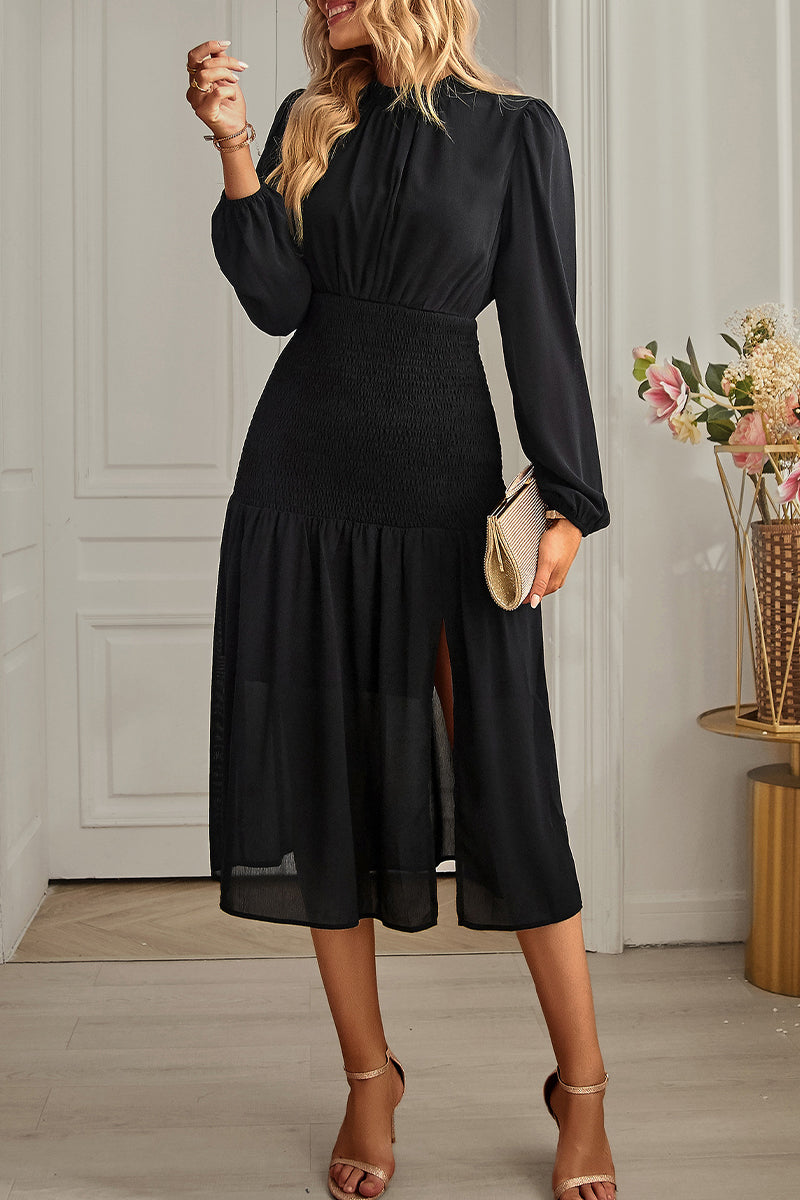 Kaynafashions - Elegant Solid Flounce Half A Turtleneck Waist Skirt Dresses