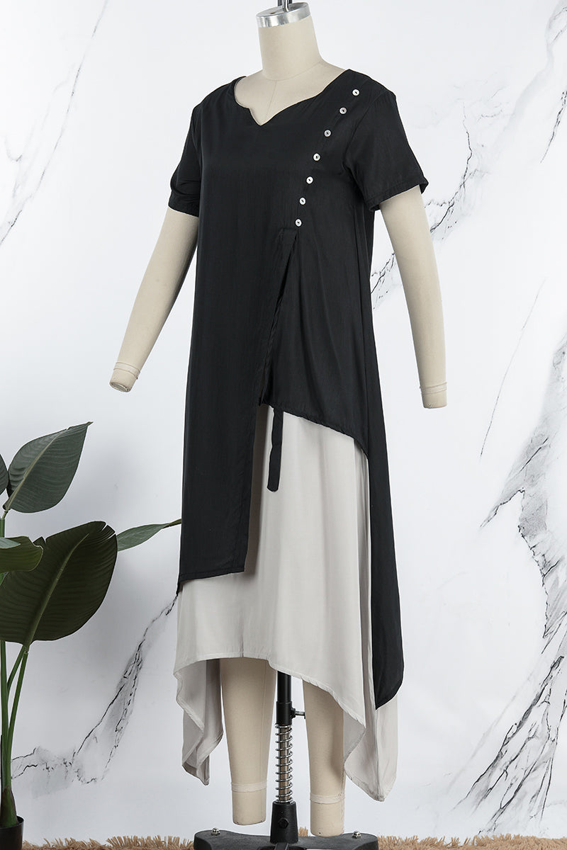 Kaynafashions - Casual College Solid Patchwork V Neck Irregular Dress Dresses(3 Colors)