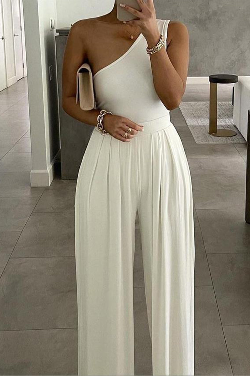 Kaynafashions - Casual Simplicity Solid Asymmetrical Solid Color One Shoulder Loose Jumpsuits(3 Colors)