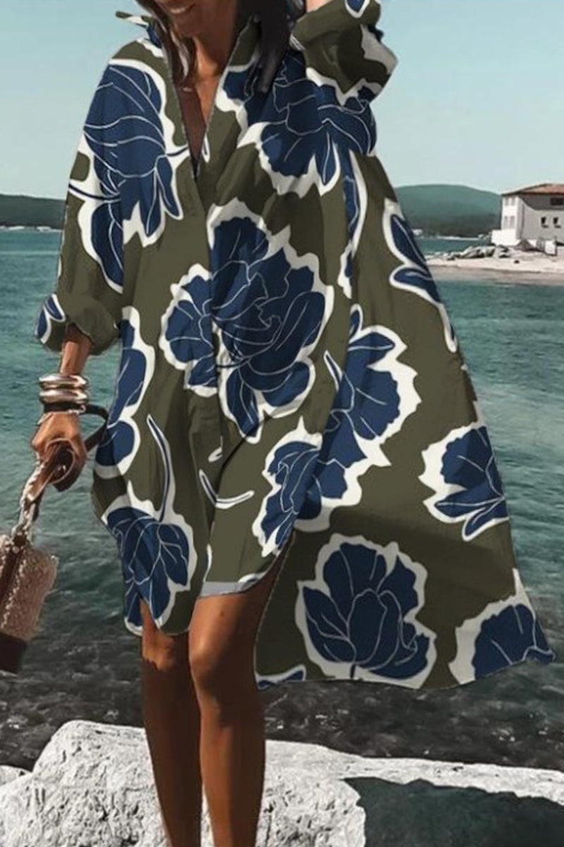 Kaynafashions - Casual Print Contrast Turndown Collar Shirt Dress Dresses(9 Colors)