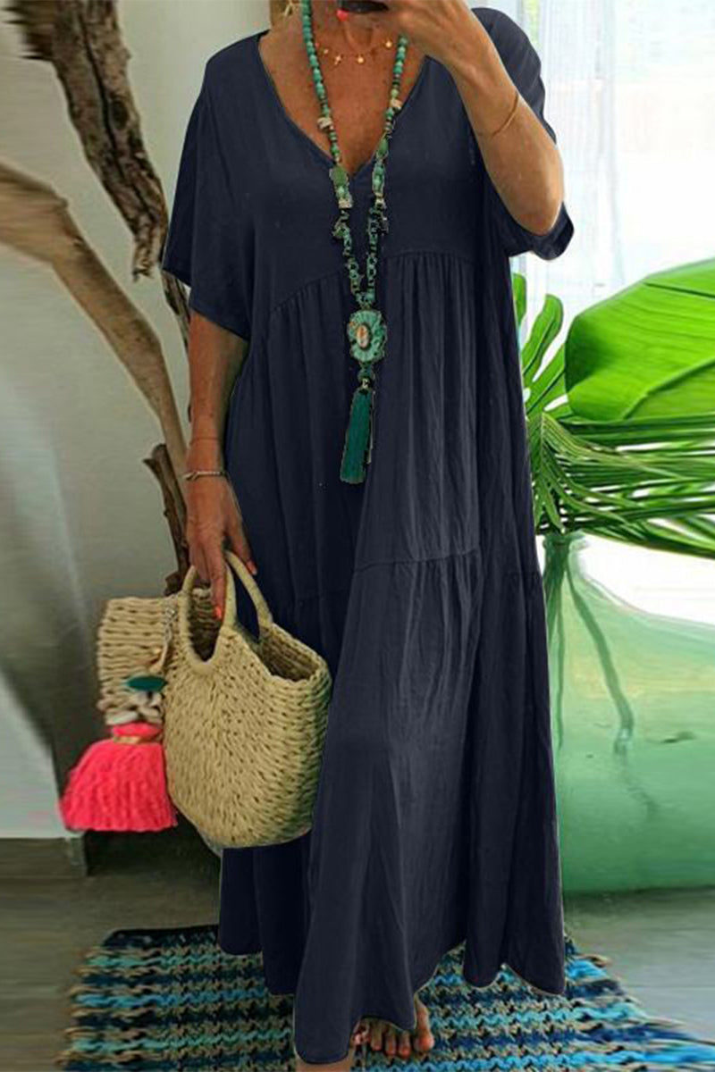 Kaynafashions - Plus Size Casual College Solid Asymmetrical V Neck Short Sleeve Dress(4 Colors)