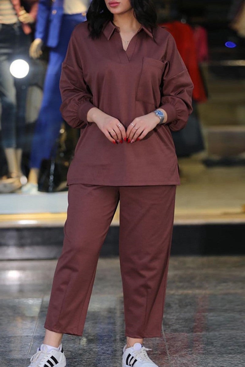 Kaynafashions - Casual Solid Patchwork Turndown Collar Long Sleeve Two Pieces