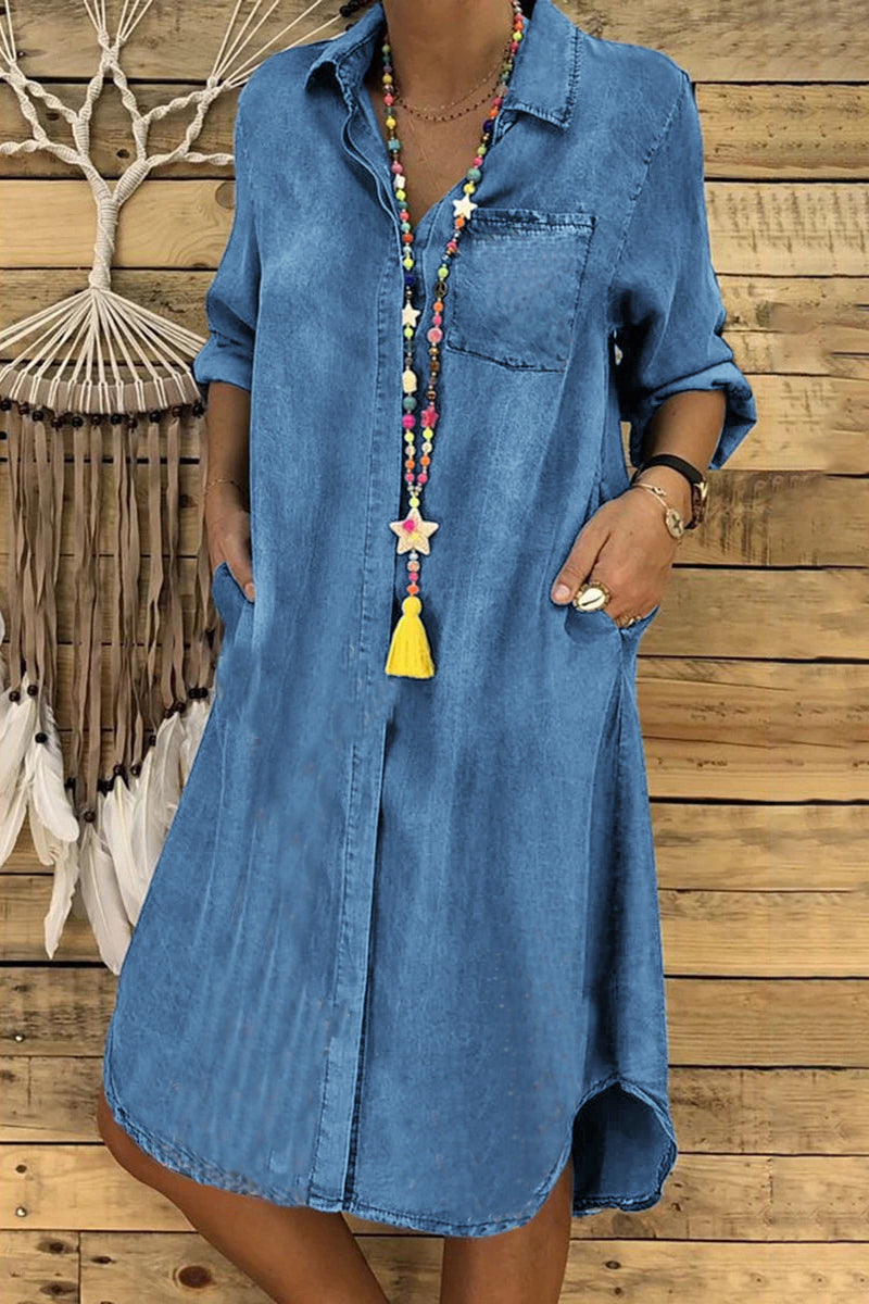 Kaynafashions - Casual Solid Pocket Buckle Shirt Collar Long Sleeve Loose Denim Dresses
