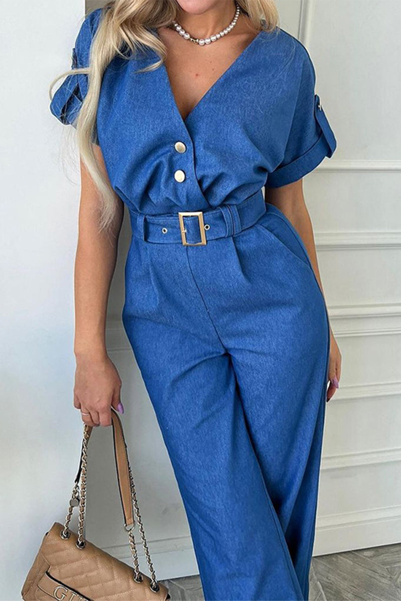 Kaynafashions - Work Street Solid With Belt V Neck Regular Jumpsuits