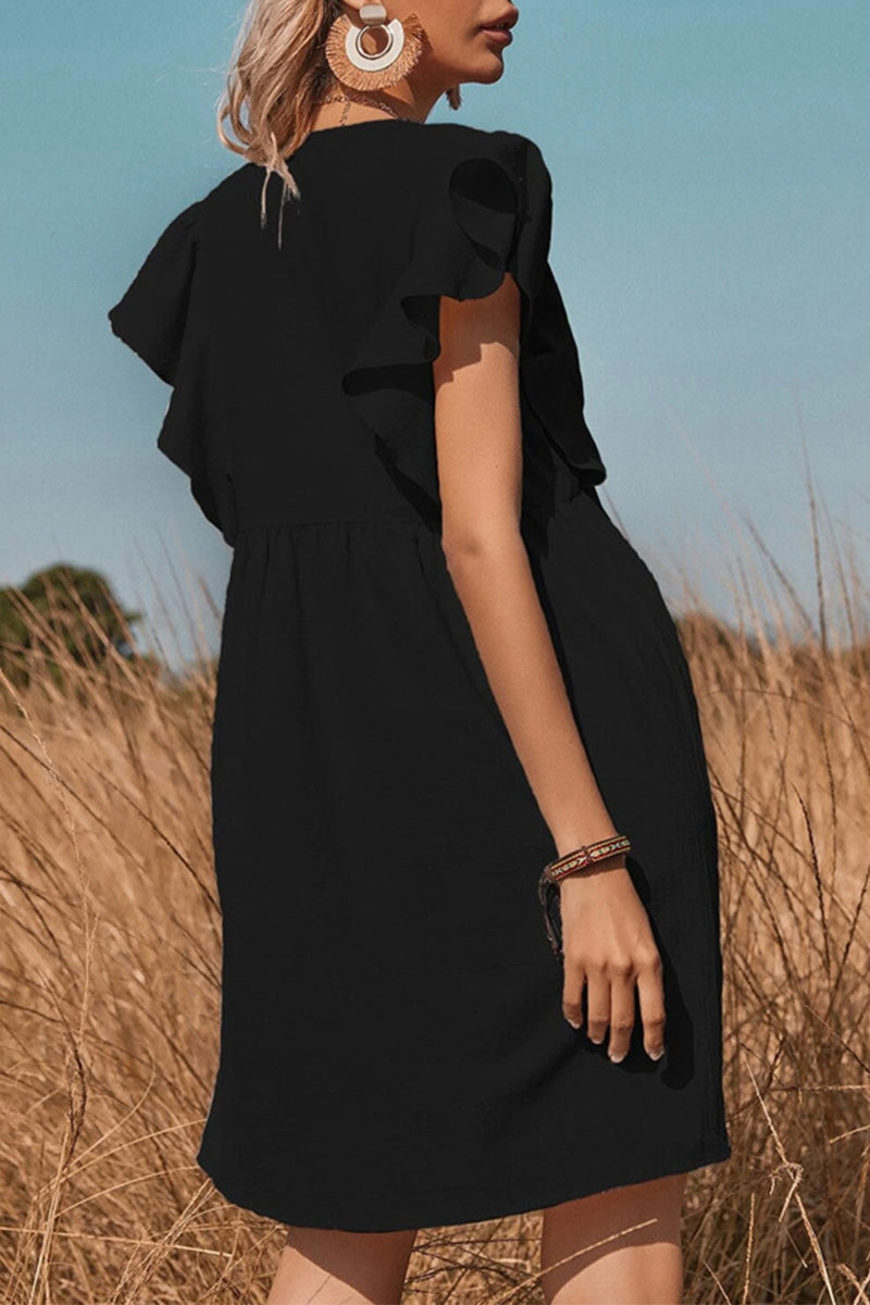 Kaynafashions - Sweet Simplicity Solid Buckle Solid Color V Neck A Line Dresses