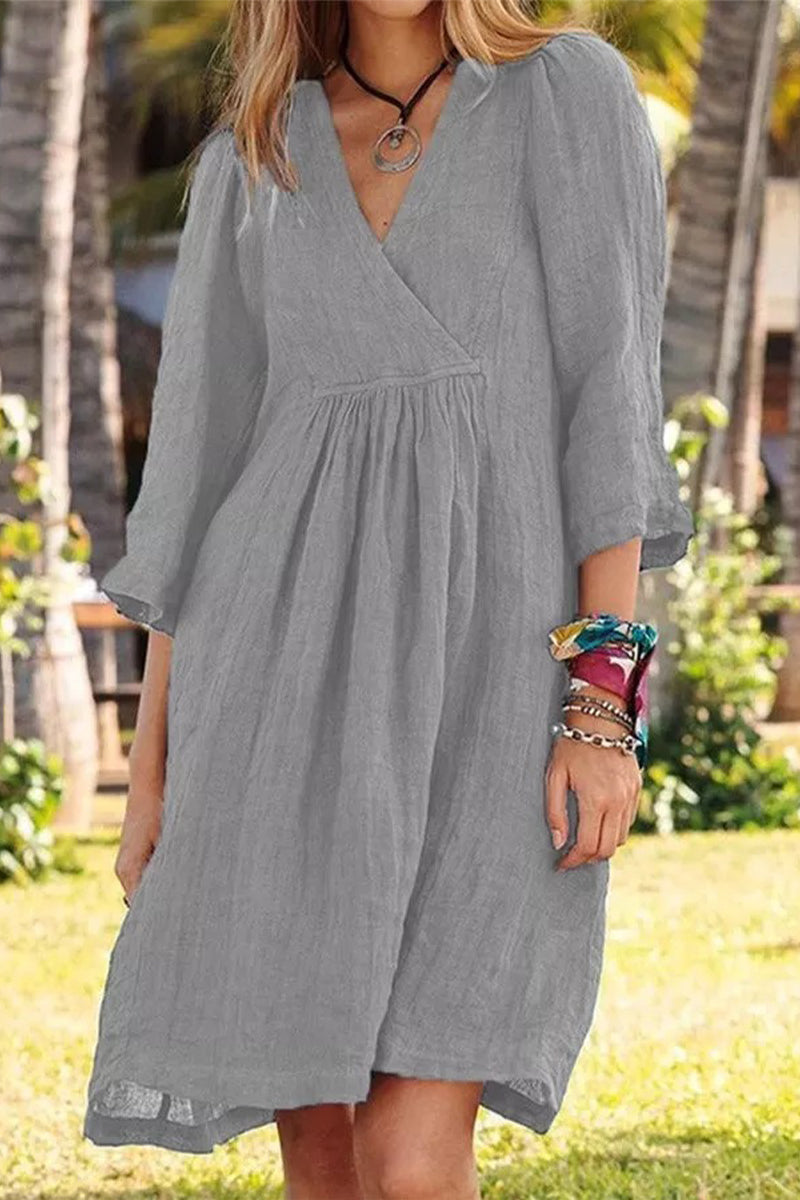 Kaynafashions - Casual Simplicity Solid Fold V Neck T-shirt Dress Dresses(3 Colors)