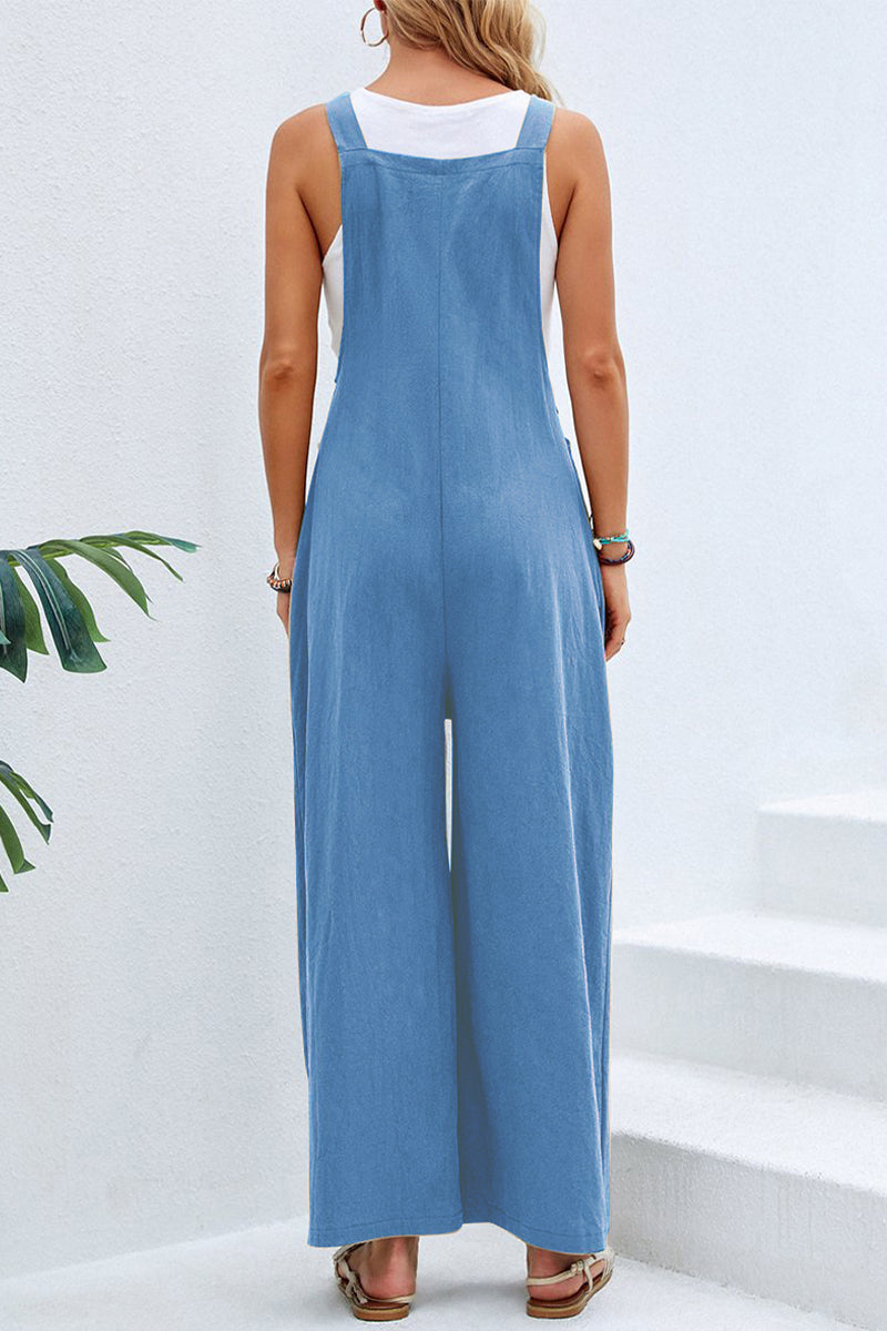 Kaynafashions - Casual Vacation Solid Buttons Square Collar Loose Jumpsuits(10 Colors)