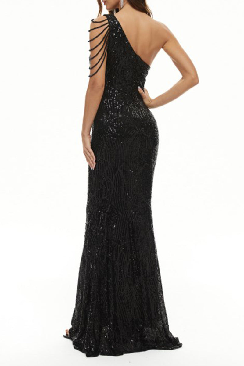 Kaynafashions - Celebrities Elegant Solid Sequins Oblique Collar Evening Dress Dresses(6 Colors)