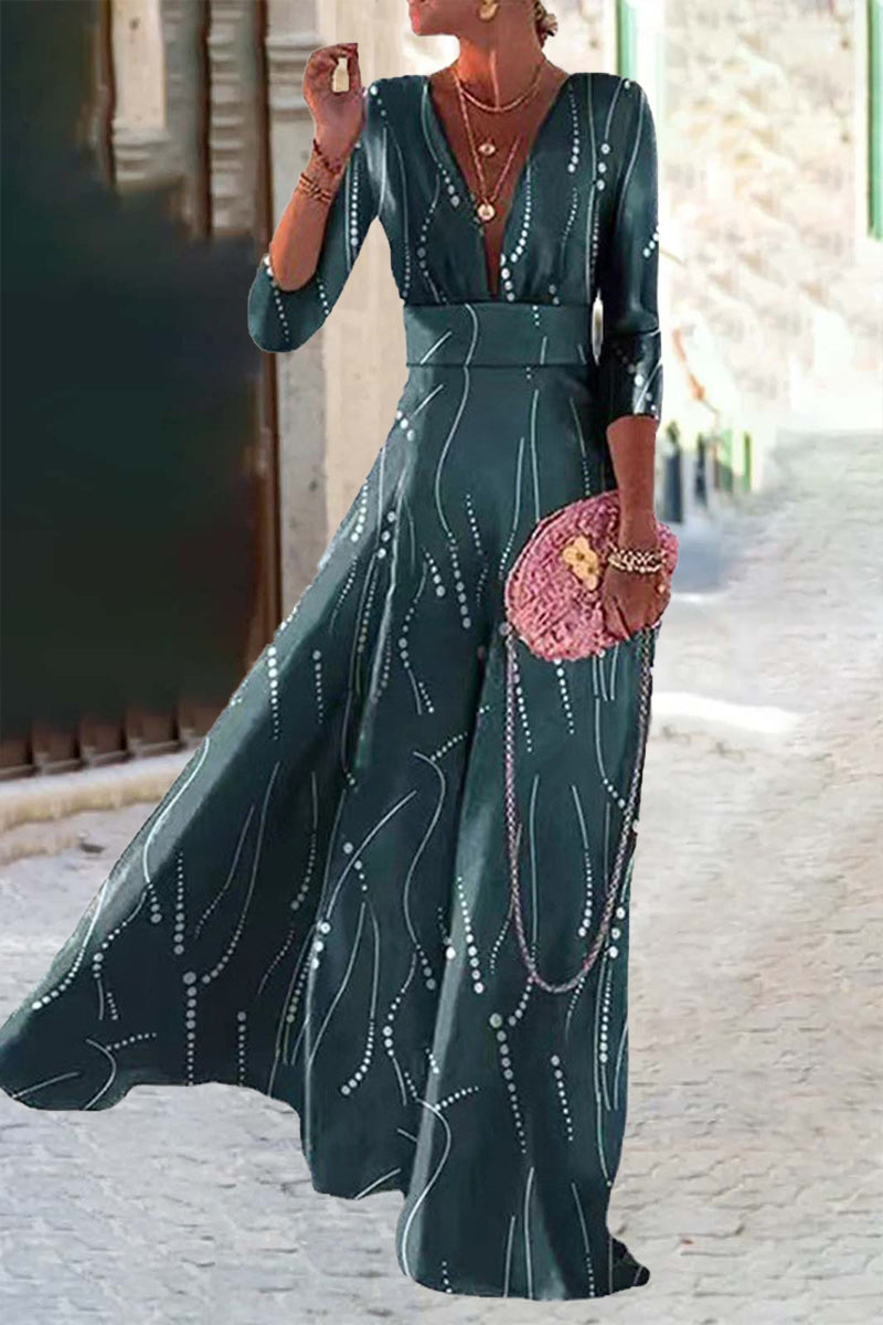 Kaynafashions - Elegant Geometric Printing V Neck A Line Dresses
