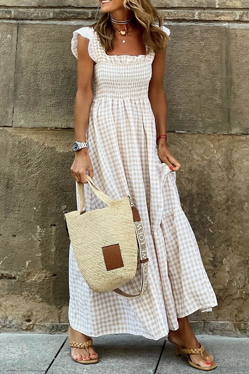 Kaynafashions - Fashion Plaid Patchwork Square Collar Cake Skirt Dresses(4 Colors)