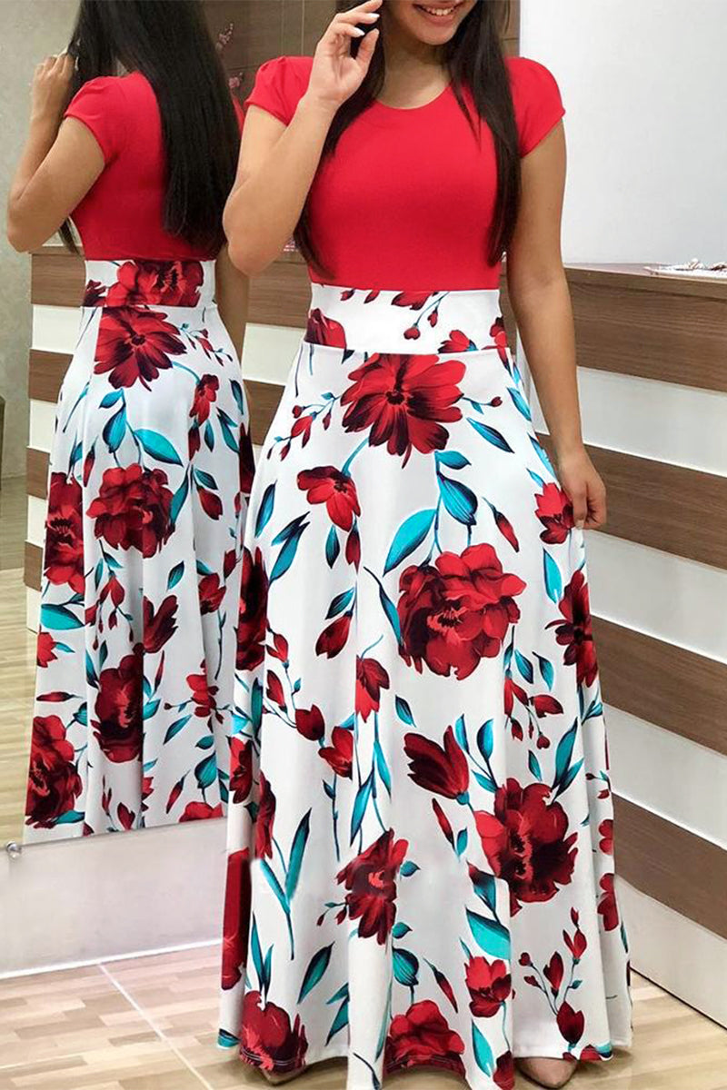 Kaynafashions - Casual Bohemian Print Solid Patchwork O Neck Short Sleeve Dress Dresses(12 Colors)