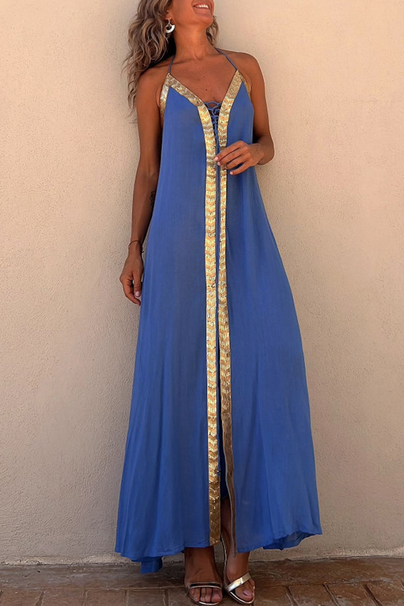 Kaynafashions - Sexy Casual Patchwork Frenulum V Neck Sling Dress Dresses