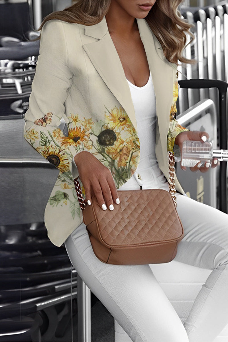 Kaynafashions - Elegant Print Patchwork Turn-back Collar Outerwear