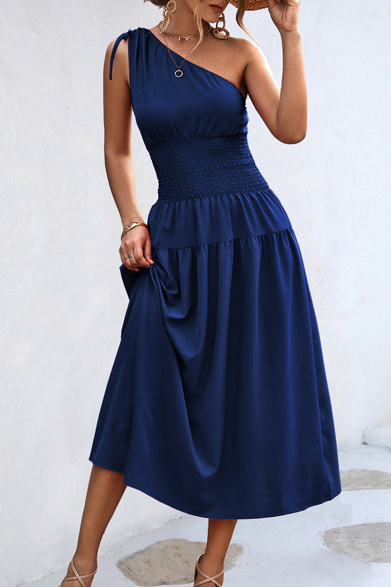 Kaynafashions - Casual Simplicity Solid Frenulum Oblique Collar Waist Skirt Dresses