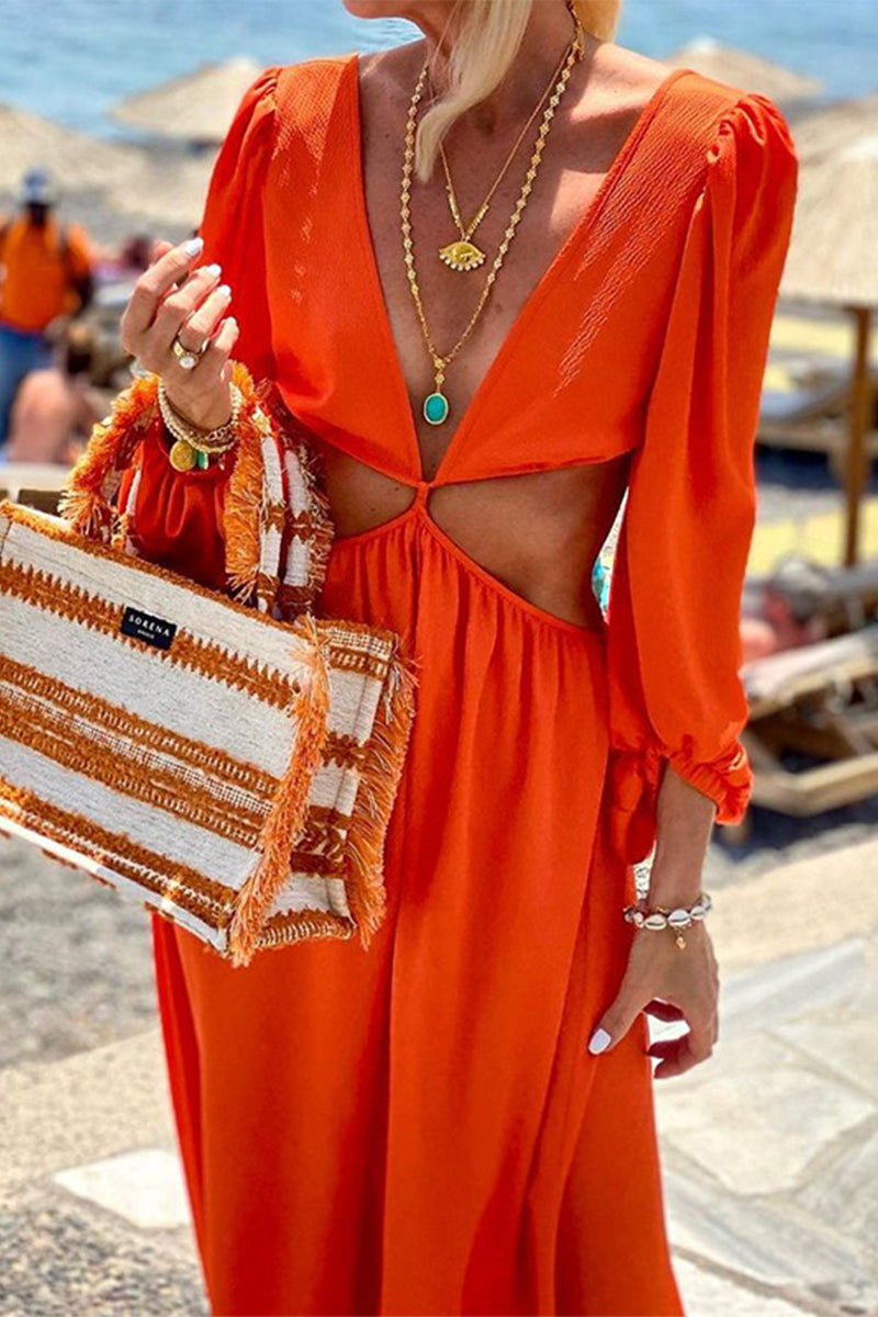 Kaynafashions - Sexy Solid Backless V Neck Long Sleeve Dresses