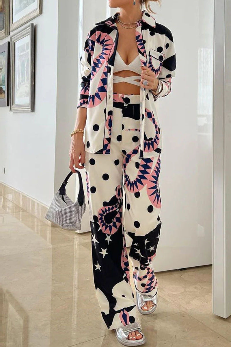 Kaynafashions - Casual Print Patchwork Turndown Collar Long Sleeve Two Pieces