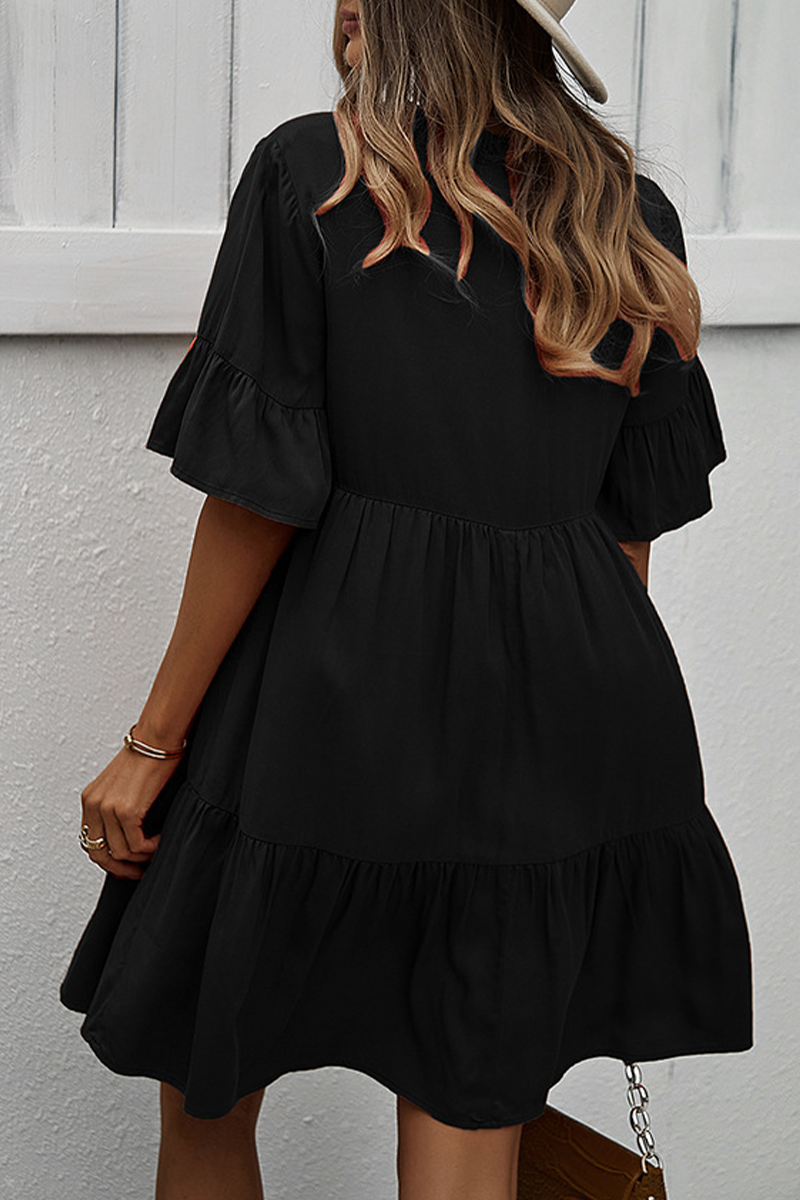 Kaynafashions - Casual Solid Patchwork V Neck Cake Skirt Dresses(4 colors)