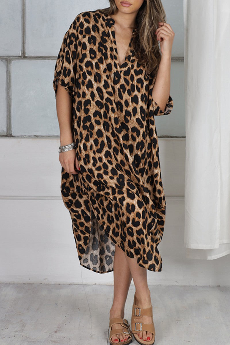 Kaynafashions - Casual Print Leopard Patchwork V Neck Printed Dress Dresses