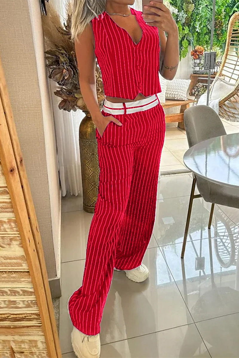 Kaynafashions - Casual Work Striped Buckle V Neck Sleeveless Two Pieces