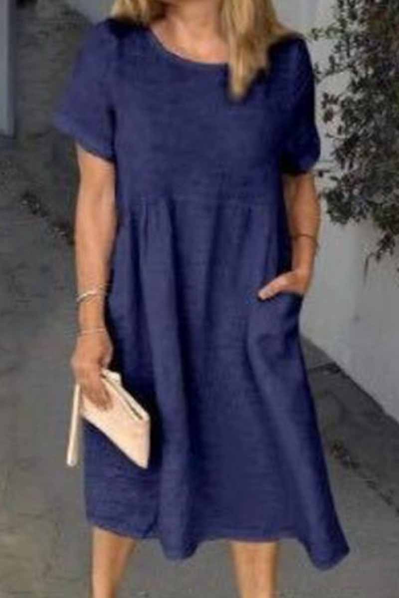 Kaynafashions - Street Solid Patchwork O Neck Short Sleeve Dress Dresses