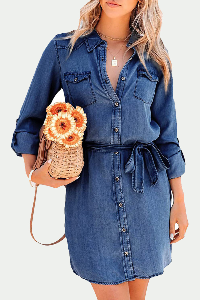 Kaynafashions - Elegant Solid Frenulum Turndown Collar Long Sleeve Loose Denim Dresses