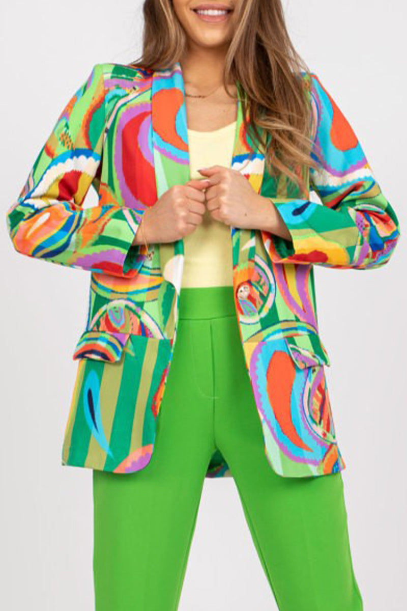 Kaynafashions - Celebrities Elegant Geometric Print Contrast Turn-back Collar Outerwear