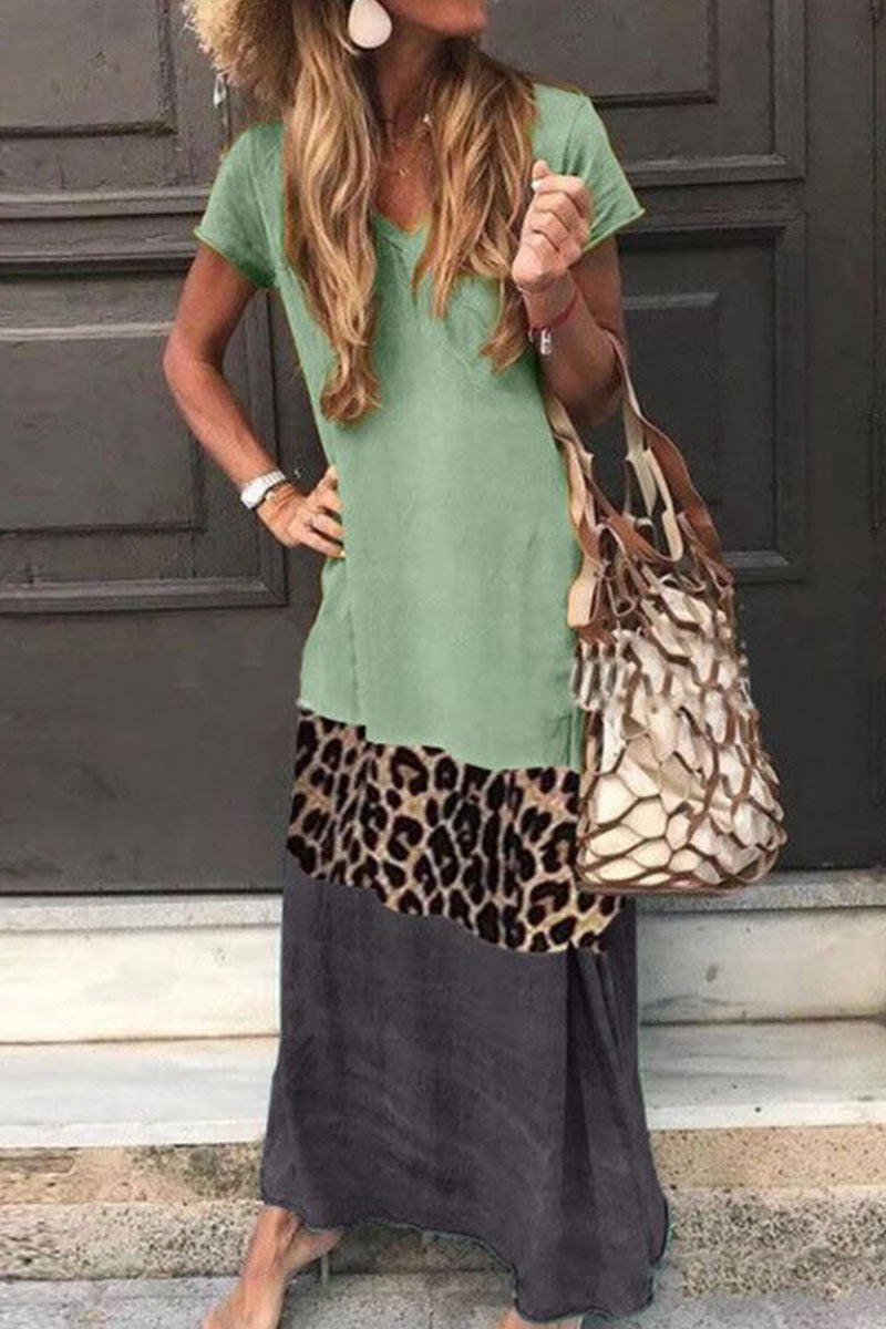 Kaynafashions - Fashion Sweet Print Patchwork V Neck Printed Dress Dresses(4 Colors)