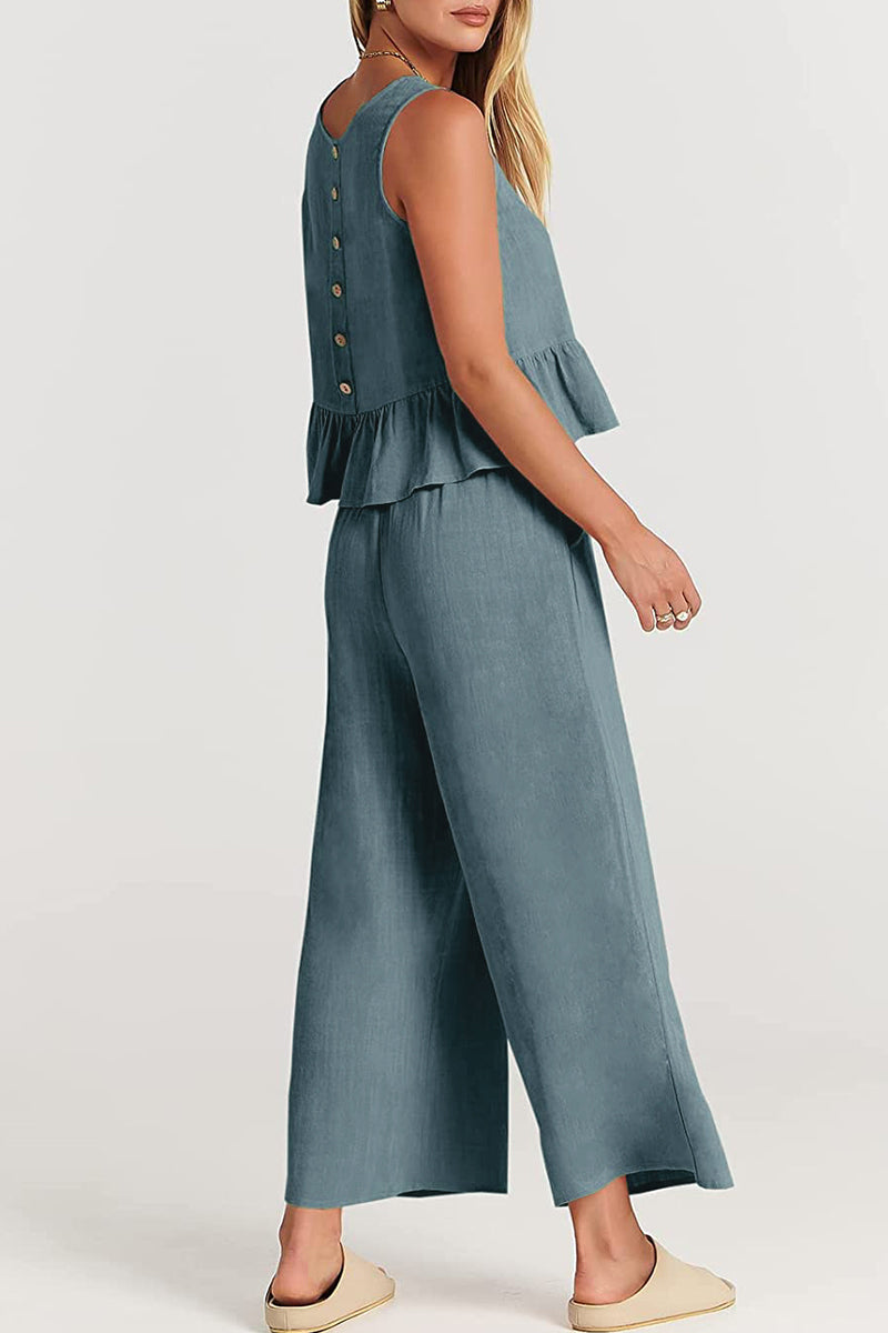 Kaynafashions - Casual Simplicity Solid Pocket Buttons O Neck Sleeveless Two Pieces