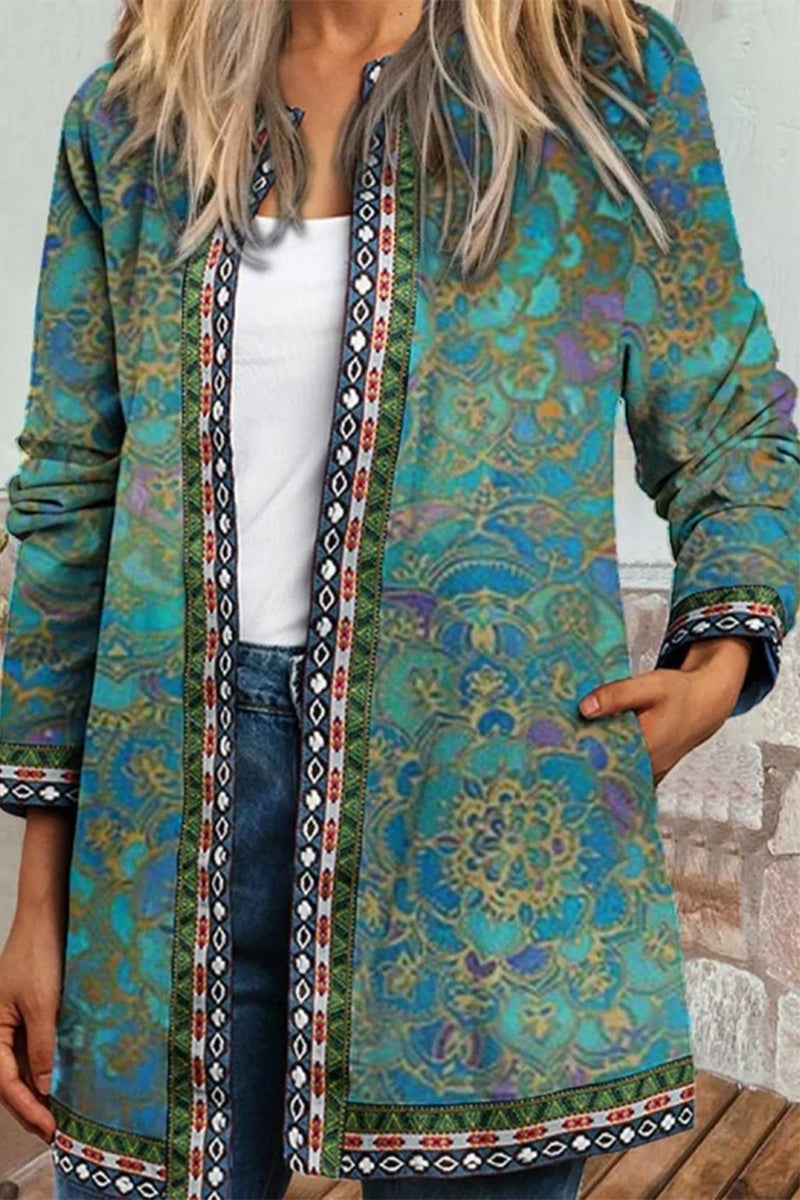 Kaynafashions - Casual Print Pocket O Neck Outerwear