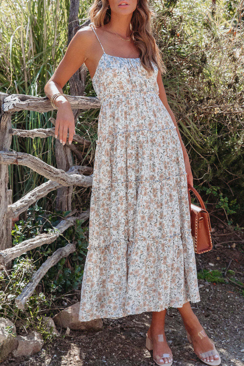 Kaynafashions - Sweet Elegant Floral Backless U Neck Sling Dress Dresses