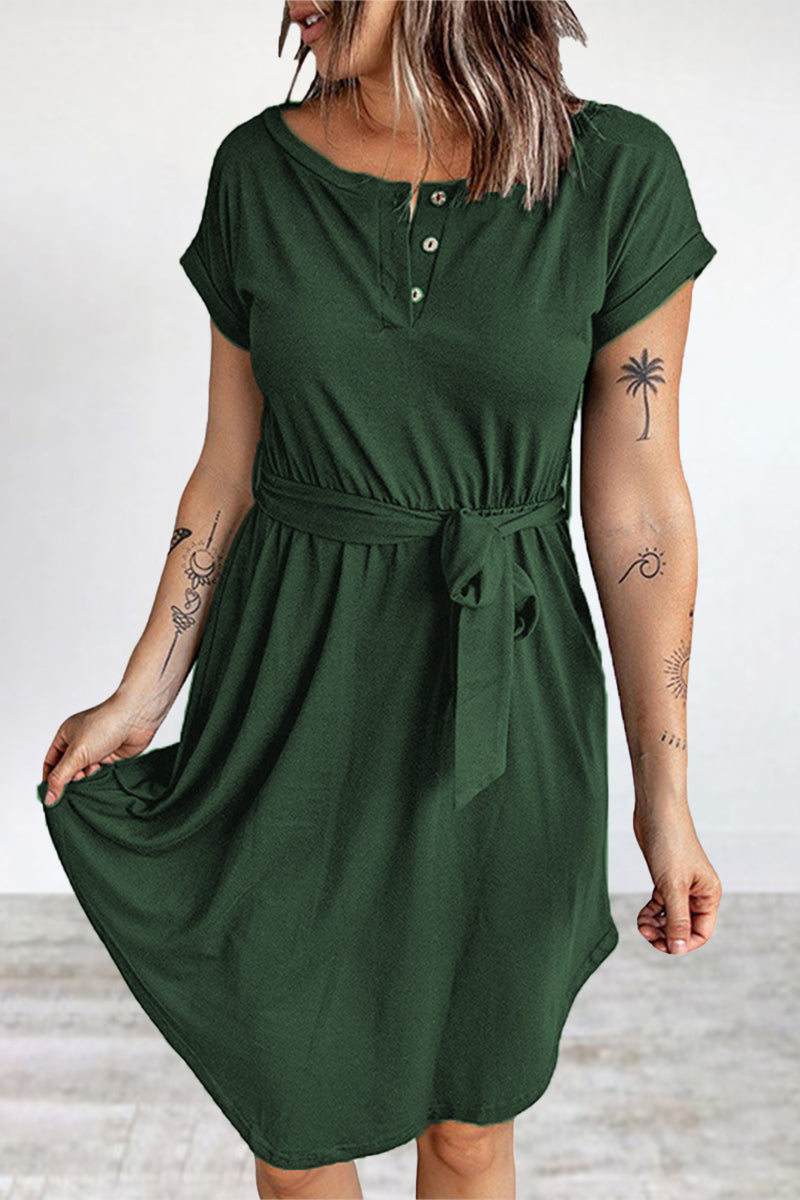 Kaynafashions - Casual Daily Solid Buttons O Neck Short Sleeve Dress Dresses