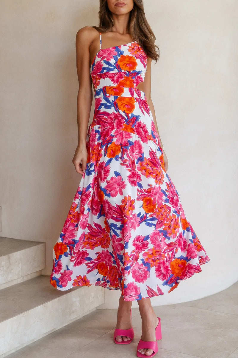Kaynafashions - Elegant Print Frenulum Oblique Collar A Line Dresses