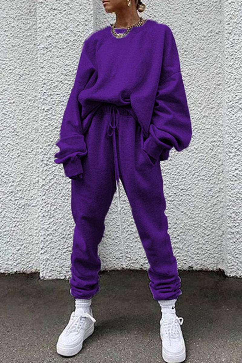 Kaynafashions - Casual Solid Pocket O Neck Long Sleeve Two Pieces