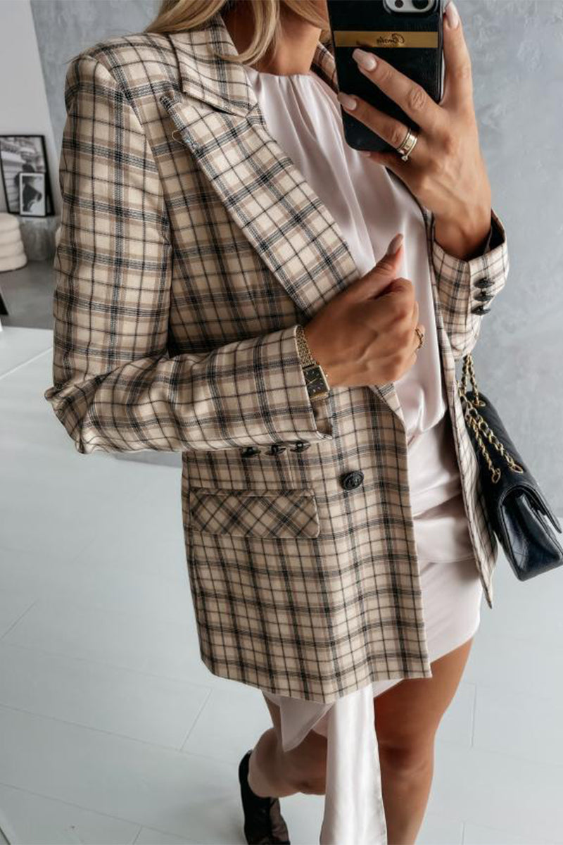 Kaynafashions - Work Elegant Plaid Print Patchwork Turn-back Collar Outerwear