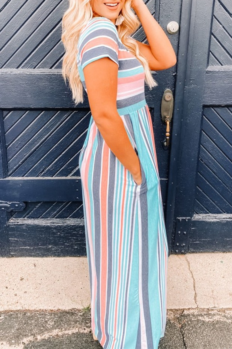 Kaynafashions - Casual Striped Patchwork U Neck Straight Dresses